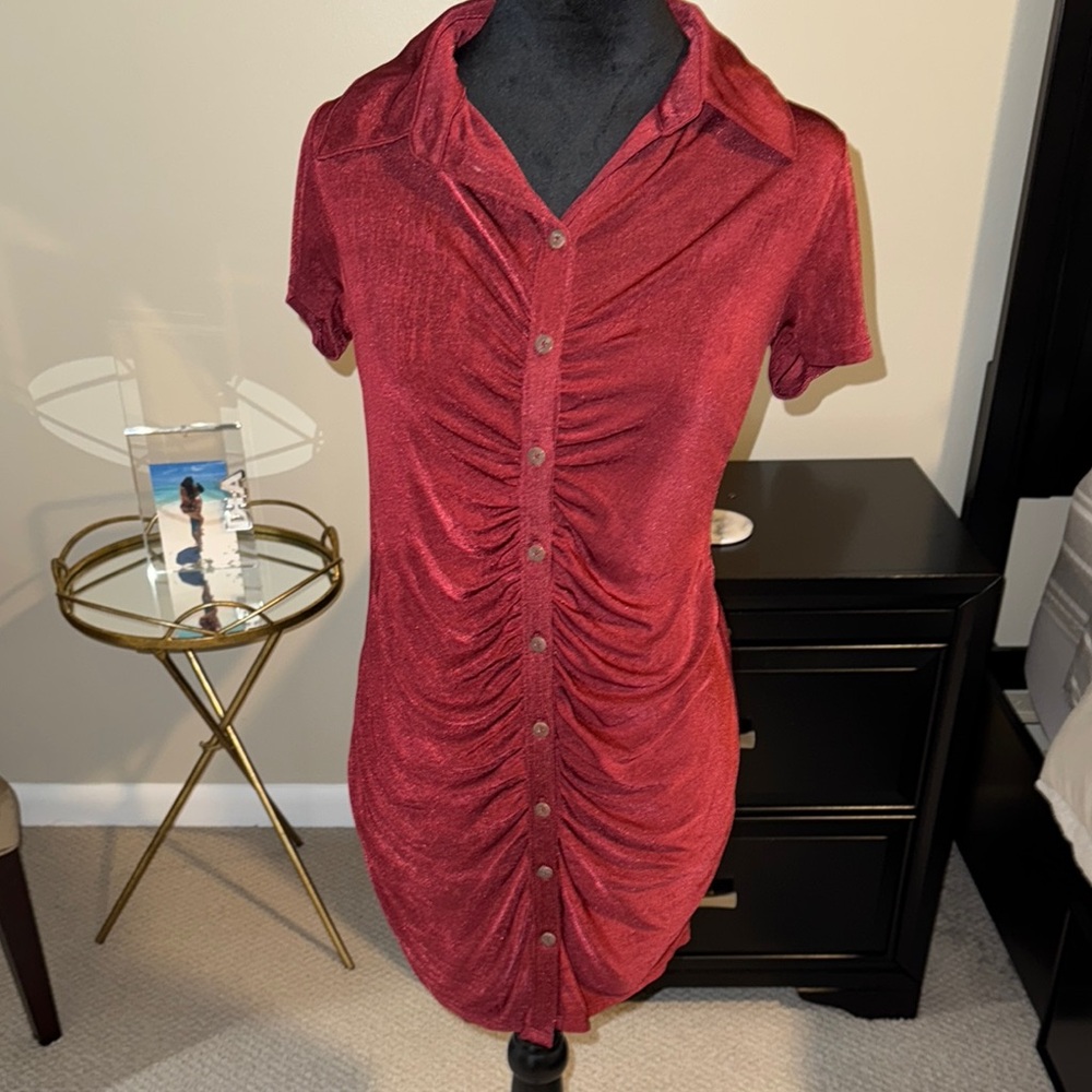 Red Ruched Button-Up Dress